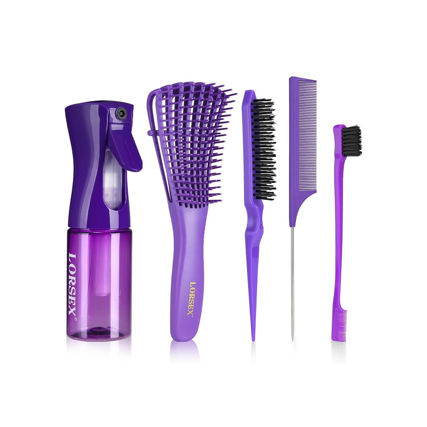 LORSEX Hair Brush with Hair Spray Bottle, Detangling Brush, Teasing Comb Edge Hair Brush (Purple)
