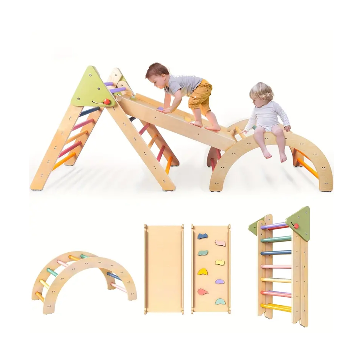 Pikler Triangle Set, Montessori 5in1 Toddler Climbing Toys Indoor Playground