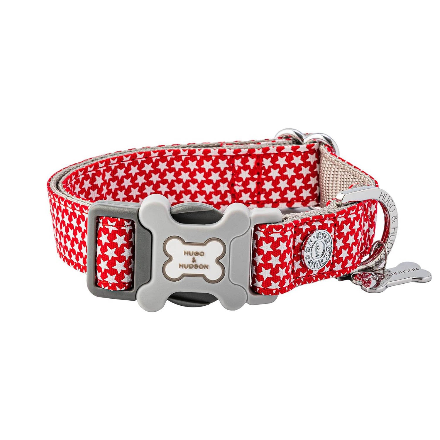 HUGO & HUDSON Nylon Dog Collar with Quick Release Safety Buckle, Red Star, M