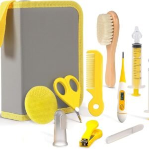 PewinGo Baby Healthcare and Grooming Kit & Newborn Baby Care Accessories, Set 10 in 1 with Soft Goat Bristles Hair Brush Nail Clipper Nasal Aspirator etc