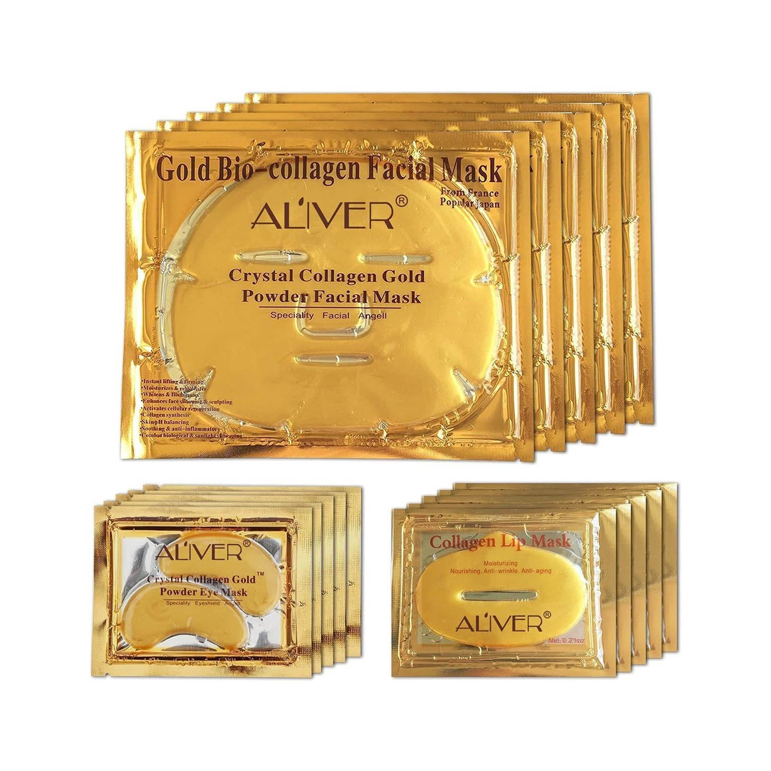24K Gold Bio Collagen Crystal Face Mask + Eye Mask + Lip Mask, Anti ageing Skin Care (5pairs/set)